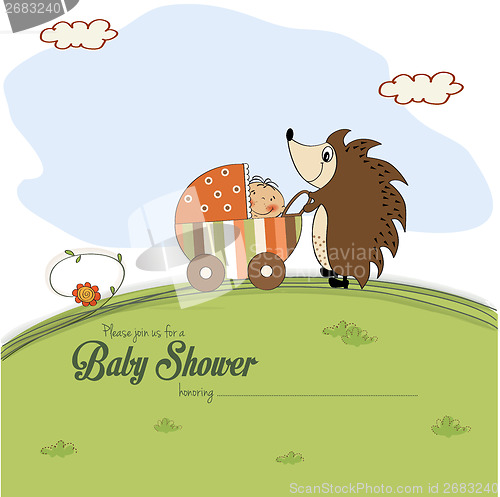 Image of baby shower card with a hedgehog that pushes a stroller with bab