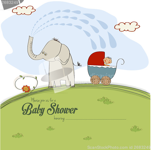 Image of baby shower card with a boy in stroller sprayed by an elephant