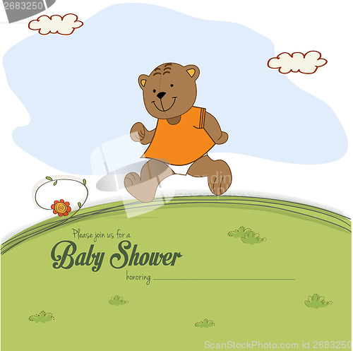 Image of baby shower card with teddy bear chasing rushed to event