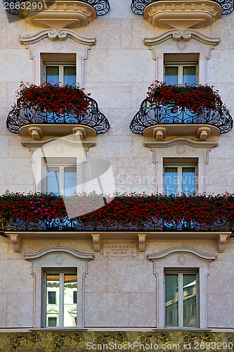 Image of old wall and flower terrace  city lugano  