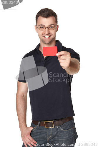 Image of Male in eyeglasses giving you red credit card