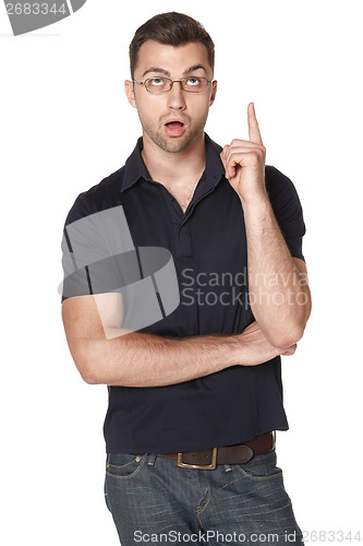 Image of Surprised man pointing up