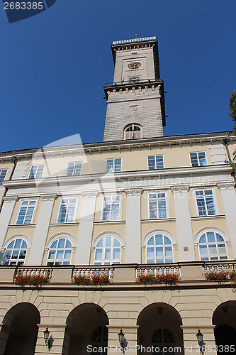 Image of tower of city hall in the center of Lvov