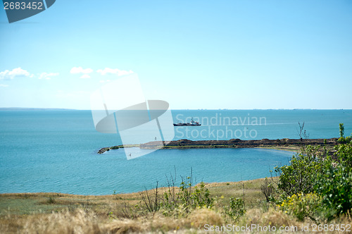 Image of Black sea coast in Crimea, ship and fortress