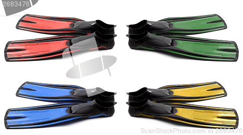 Image of Set of multicolored flippers for diving on white background