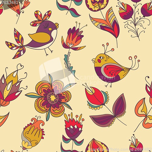 Image of Seamless floral pattern with birds