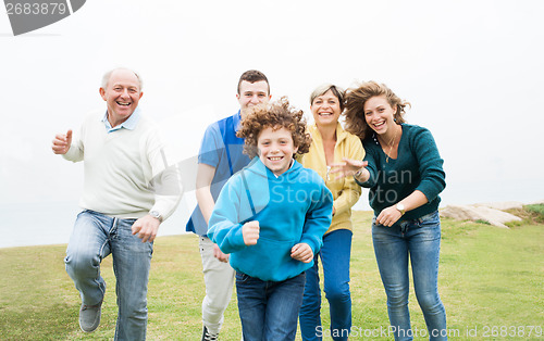 Image of Happy family running on a green meadow