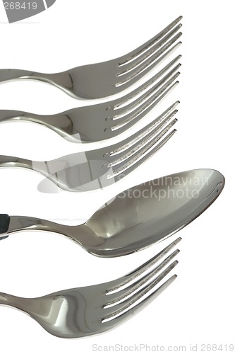 Image of A spoon among some forks

