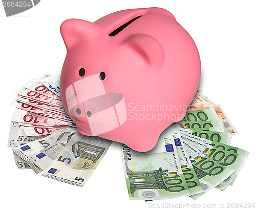 Image of Piggy Bank on a pile euro banknotes