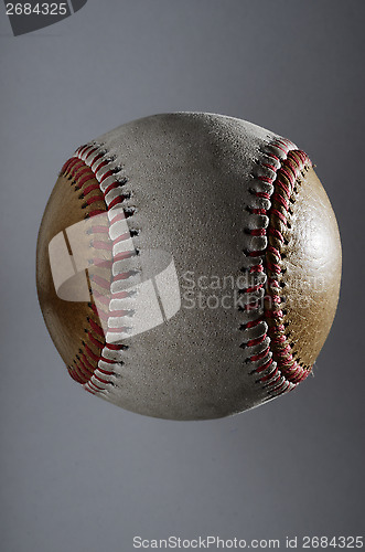 Image of dirty baseball, white and brown on a gray background