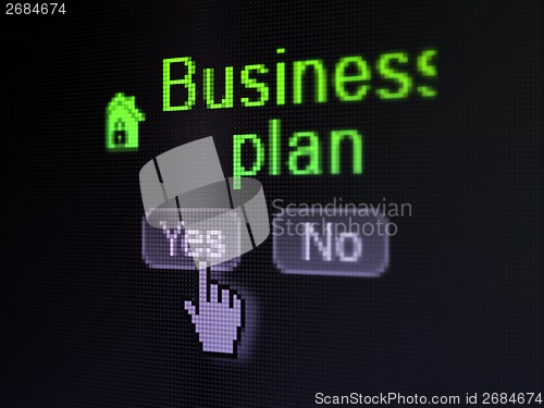 Image of Business concept: Home icon and Business Plan on digital computer screen