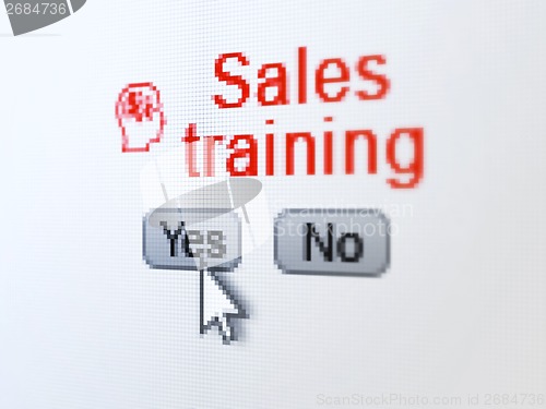 Image of Advertising concept: Head With Finance Symbol icon and Sales Training on digital computer screen