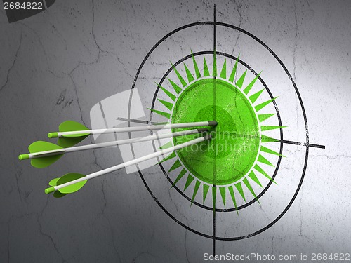 Image of Travel concept: arrows in Sun target on wall background