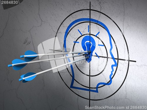 Image of Business concept: arrows in Head With Lightbulb target on wall background