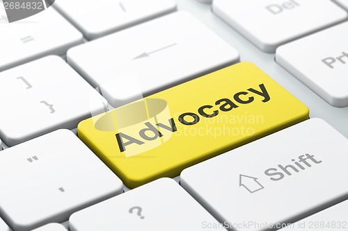 Image of Law concept: Advocacy on computer keyboard background