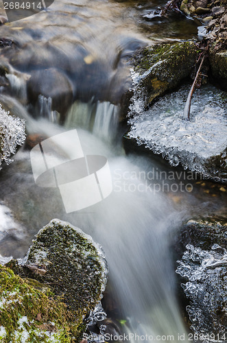 Image of Small creek with a waterfall close up