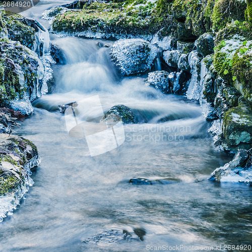 Image of Small creek with a waterfall close up