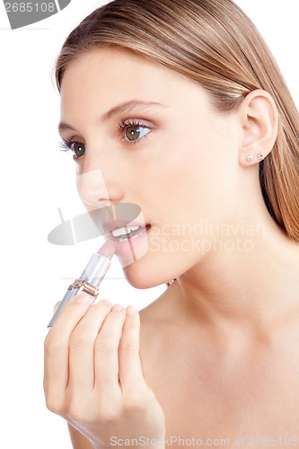 Image of Woman Applying Lipstick on Lips