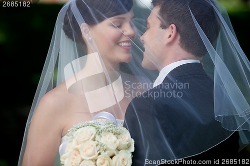 Image of Bride And Groom Kissing Under Veil