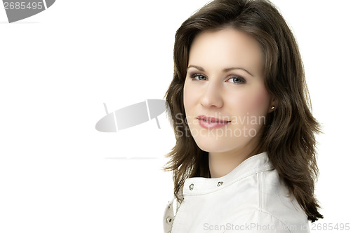 Image of Brunette woman with white leather jacket