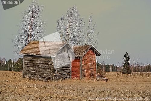 Image of Two Old Barns by Harvested Field, HDR