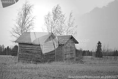 Image of Two Old Barns by Harvested Field, B&W, HDR