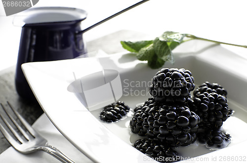 Image of Bowl of fresh blackberries and milk.