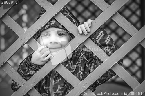 Image of little baby boy  looking through blue fence