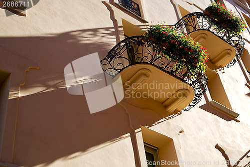 Image of old wall and flower terrace  city lugano Switzerland Swiss