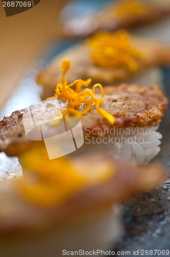 Image of Japanese style sushi fried goose liver