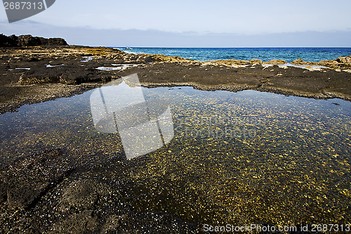 Image of coastline in lanzarote spain pond   cloud beach  water  musk   