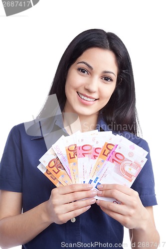 Image of Smiling Woman Holding Euro Note