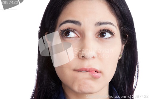 Image of Happy Young Woman Biting Lips