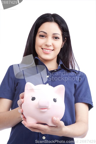 Image of Smiling Woman Holding Piggy Bank