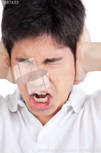 Image of Young Asian Man Covering Ears
