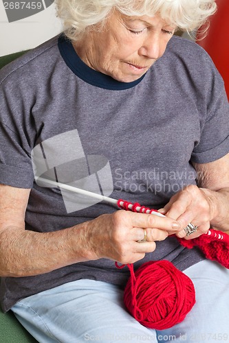 Image of Senior Woman Knitting With Red Wool