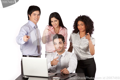 Image of Businessman and Businesswoman Pointing Finger