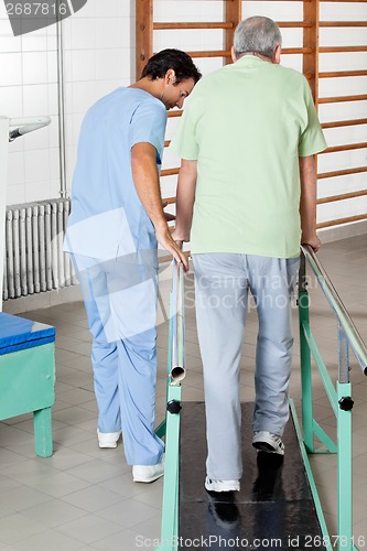 Image of Male Therapist Assisting Senior Man To Walk With The Support Of