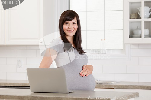 Image of Happy Pregnant Woman with Laptop Computer