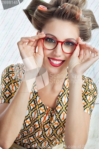 Image of Woman Wearing Red Vintage Eyeglasses