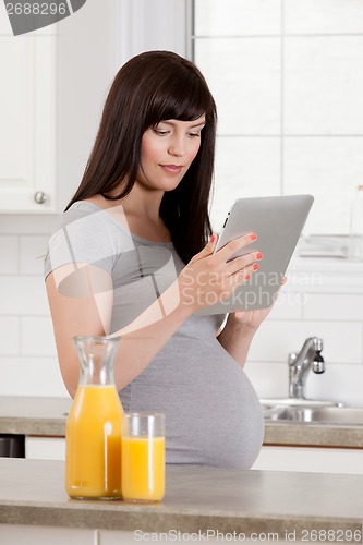 Image of Beautiful Pregnant Woman Using Digital Tablet