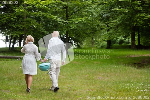 Image of Couple Walking With Portable Barbecue