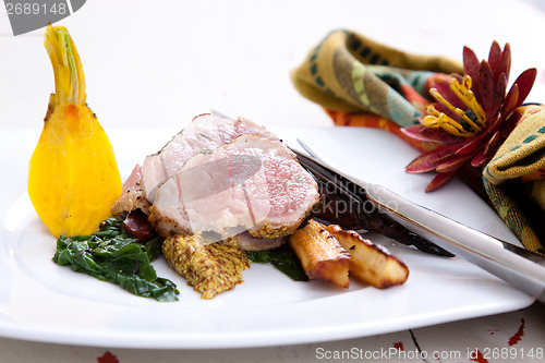 Image of Sliced pork with spinach and parsnips