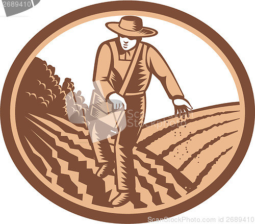 Image of Organic Farmer Sowing Seed Woodcut Retro