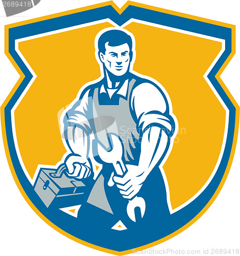 Image of Mechanic Holding Spanner Wrench Toolbox Crest Retro