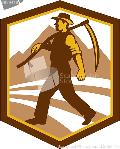 Image of Organic Farmer Walking Holding Scythe Retro