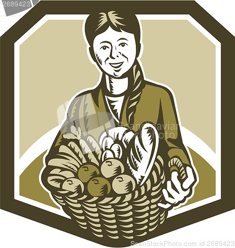 Image of Female Organic Farmer Crop Harvest Woodcut