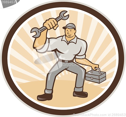 Image of Mechanic Holding Spanner Wrench Toolbox Cartoon