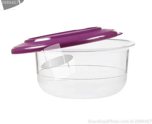 Image of Plastic container for food with lid ajar  