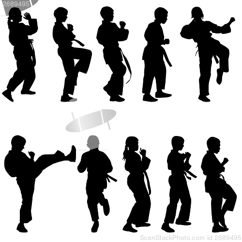 Image of Set of black silhouettes of karate. Sport vector illustration.